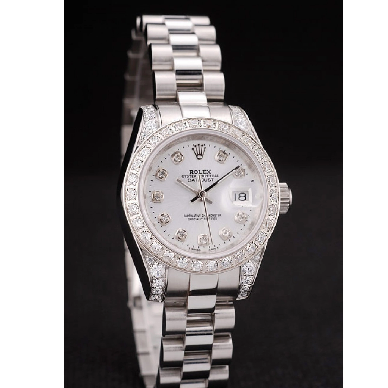 Aaa replica Brushed White DateJust Rolex Diamond Plated Dial Steel Case Diamond Stainless Bezel Plated 0816